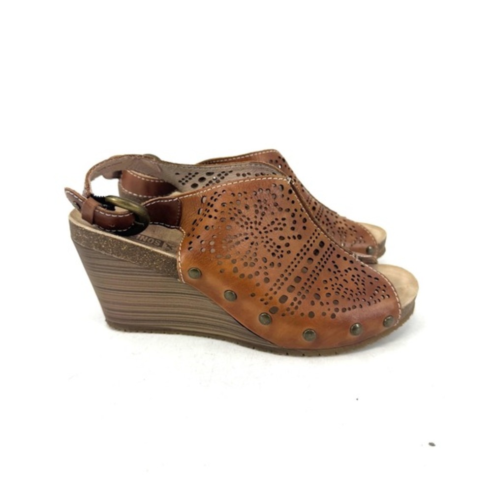 Pikolinos Women Brown Leather Laser Cut Perforated Wedge Sandals Size 38 - Picture 2 of 6